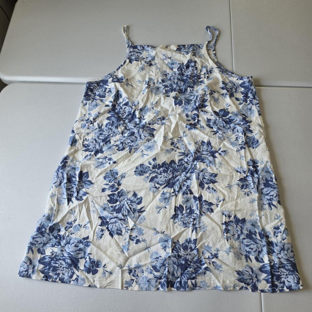 Old Navy Dress Womens L Blue Floral Linen Rayon Tank Short Sundress Summer